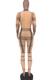 Gold Sexy Letter Plaid Print Zipper O Neck Regular Jumpsuits