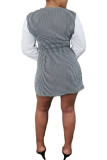 White Fashion Sexy adult Ma'am Shirt sleeves Long Sleeves O neck A-Line Knee-Length Striped Patchwork Dresses