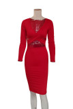 Red Sexy Solid Hollowed Out Split Joint V Neck Wrapped Skirt Dresses