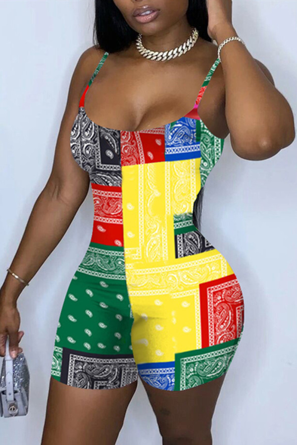 Yellow Fashion Sexy Print Backless Spaghetti Strap Skinny Romper