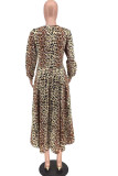 Leopard print Sweet Long Sleeves O neck Swagger Knee-Length Print Patchwork Leopard camouflage asymmetrical Dresses