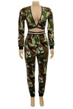 Camouflage Sexy Print Bandage Hollowed Out V Neck Long Sleeve Two Pieces