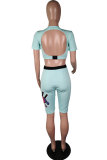 Blue Polyester Fashion Sexy backless Patchwork Print Straight Short Sleeve Two-Piece Short Set