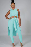 Cyan Fashion Casual adult Ma'am Patchwork Solid Two Piece Suits Straight Sleeveless Two Pieces