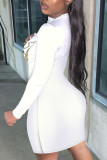 White Sexy Print O Neck Pencil Skirt Dresses