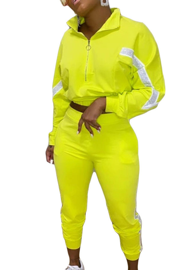 Fluorescent green Active Patchwork Fluorescent pencil Long Sleeve Two Pieces