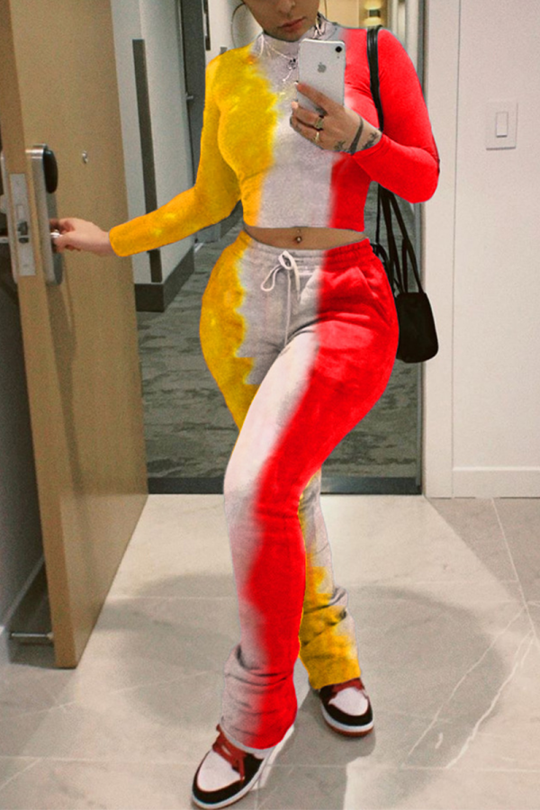 Yellow Casual Print Tie-dye Turtleneck Long Sleeve Two Pieces