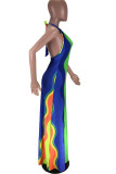 blue and yellow Sexy The lime green blue and yellow Sleeveless Halter Neck A-Line Floor-Length Striped Print Rainbow backless Dresses