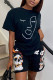 Black Fashion Casual Print Basic O Neck Short Sleeve Two Pieces