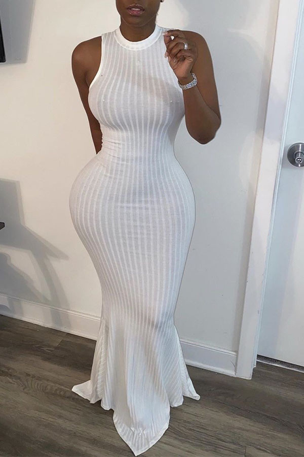 White Sexy Solid O Neck Sleeveless Floor Length Vest Dress Dresses