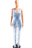 Blue Fashion street Print Tie-dyed Sleeveless Square Jumpsuits