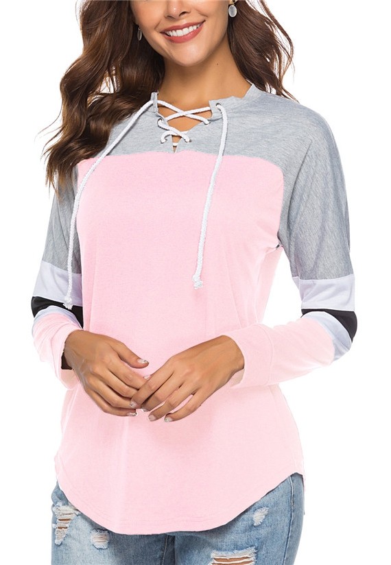 Pink Fashion Regular Hooded Full Hollow Out sestva moja Solid Patchwork Regular Tees & T-shirts