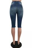 Sky Blue Polyester Button Fly High Hole Solid Asymmetrical Pocket Skinny Capris Shorts