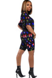 Black knit Fashion Sexy adult Ma'am Patchwork Print Two Piece Suits Straight Short Sleeve Two Pieces
