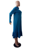 Sky Blue Street Solid Patchwork Turtleneck Dresses