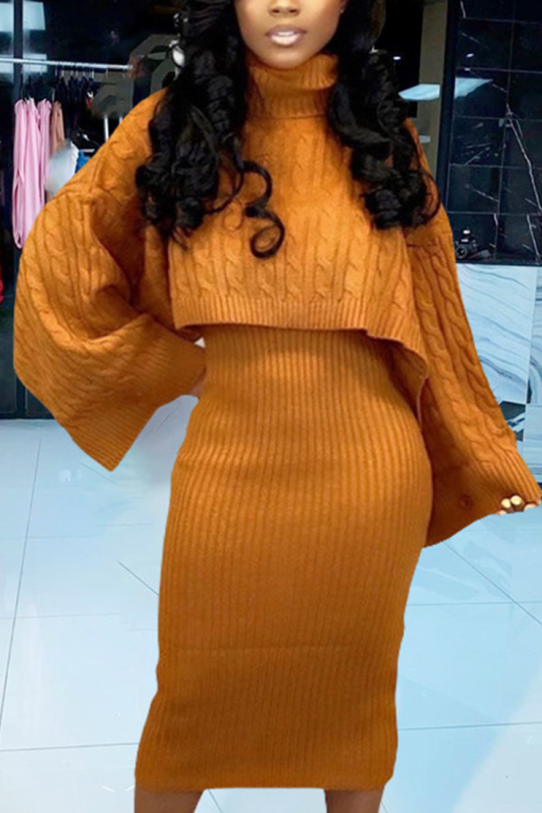 Orange Street Solid Patchwork Turtleneck Long Sleeve Two Pieces
