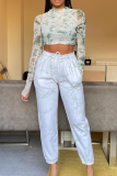 White Casual Print Patchwork Harlan Mid Waist Harlan Bottoms