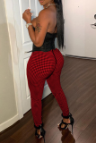 Red Casual Plaid Patchwork Skinny Mid Waist Pencil Patchwork Bottoms