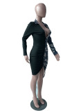 Blue Sexy Print Patchwork V Neck Wrapped Skirt Dresses
