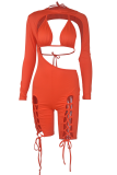 Pink Sexy Solid Hollowed Out Half A Turtleneck Two Pieces