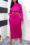 Rose Red Fashion Casual Solid Slit O Neck Long Sleeve Two Pieces