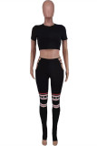 Black Fashion Sexy Print Hollowed Out O Neck Short Sleeve Two Pieces