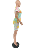 Pink Casual Patchwork Tie-dye O Neck Short Sleeve Two Pieces