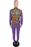 Purple Fashion Casual Print Split Joint Zipper Collar Long Sleeve Two Pieces