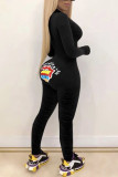 Black Sexy Print V Neck Skinny Jumpsuits