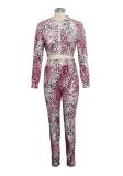 Pink Polyester Sexy Two Piece Suits Print Patchwork Zippered Skinny Long Sleeve