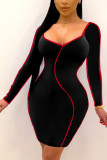 Black Sexy Patchwork O Neck Wrapped Skirt Dresses