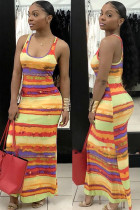 Multi-color Sexy Multi-color Spaghetti Strap Sleeveless Slip Swagger Ankle-Length Striped Print Tie and dye Dresses