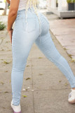 Baby Blue Daily Solid Buttons High Waist Skinny Jeans