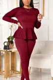 Grey Casual Polyester Solid Bandage Make Old Flounce O Neck Long Sleeve Regular Sleeve Regular Two Pieces