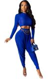 Blue Casual Fashion adult Draped Two Piece Suits Solid Loose Long Sleeve Two-piece Pants Set