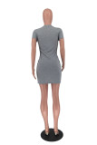 Grey Fashion Casual Print Basic O Neck Short Sleeve Dress