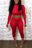 Red Casual Sportswear Solid Turtleneck Long Sleeve Pile Up Sleeves Regular Two Pieces