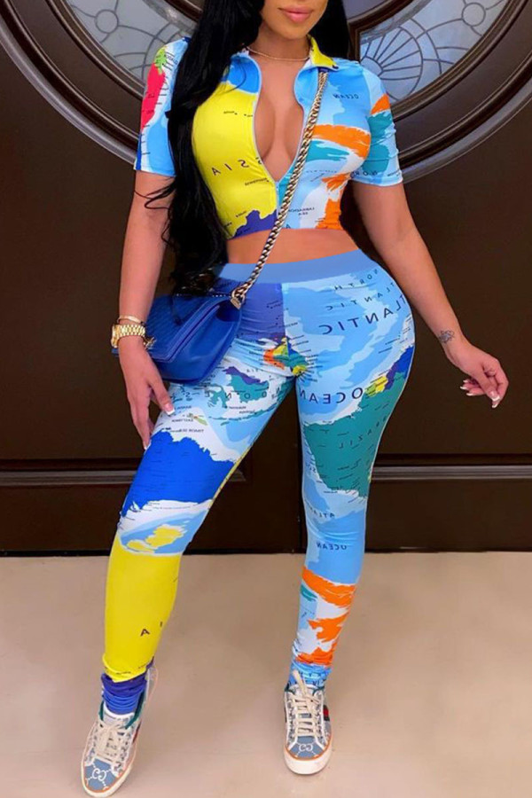 Multicolor Sportswear Print O Neck Long Sleeve Two Pieces