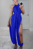 Blue Sexy Solid With Belt Halter Loose Jumpsuits