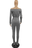 Grey Solid Patchwork Bateau Neck Long Sleeve Two Pieces