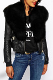 Black Fashion Street Adult Artificial Furs Solid Split Joint V Neck Outerwear