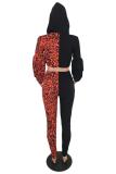 Red Polyester adult Casual Fashion Print asymmetrical Patchwork Two Piece Suits Leopard Straight Long Sl
