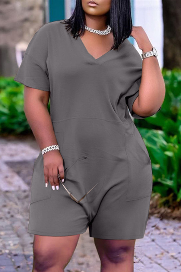 Grey Fashion Casual Solid Basic V Neck Regular Rompers