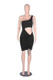 Blue Fashion Sexy Solid Hollowed Out One Shoulder Sleeveless Dress