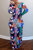 Multicolor Fashion Sexy Print Backless O Neck Long Sleeve Dress Dresses