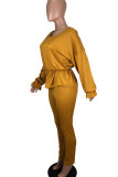 Yellow Fashion Sweet Solid Patchwork O Neck Long Sleeve Two Pieces