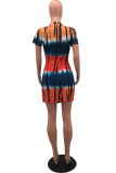 Yellow Sexy Print Tie-dye O Neck Asymmetrical Dresses