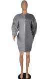 Grey Fashion Sexy Polyester Patchwork Solid Bandage Split Joint Basic O Neck Long Sleeve Knee Length Pencil Skirt Dresses