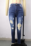 Baby Blue Street Solid Ripped Buttons High Waist Skinny Denim