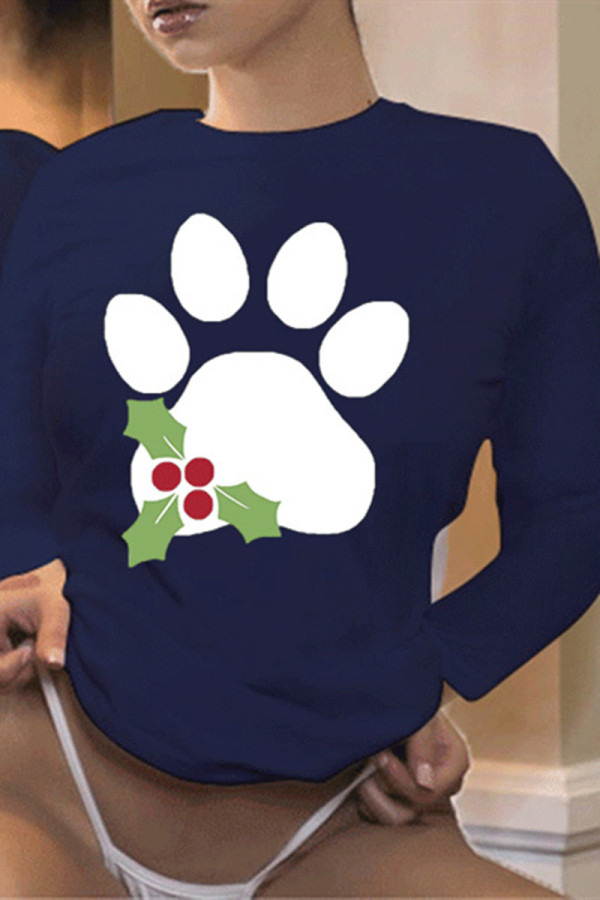 Navy Blue Fashion Casual Print Pullovers O Neck Tops